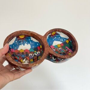 Vintage Mexican Folk Art Hand Painted Decorative Wooden Laquered Double Bowl 9in